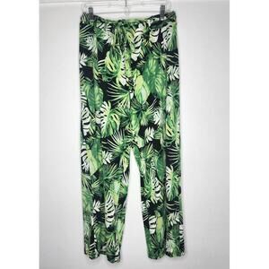 Joan Vass New York Pants Womens XL Black Green Tropical Leaf Wide Leg Tie Waist